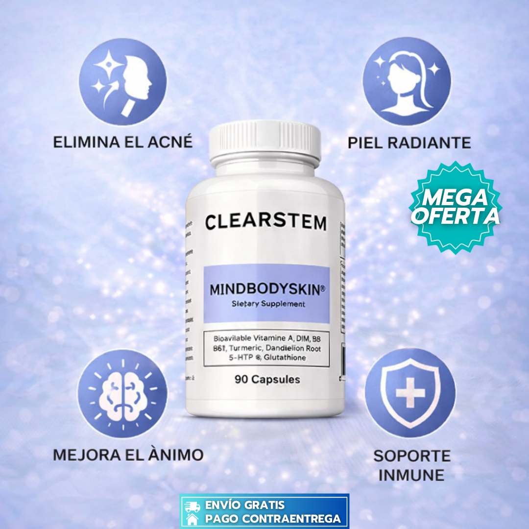CLEARSTEM MINDBODYSKIN: Suplemento que equilibra hormonas y combate el acné desde el interior.